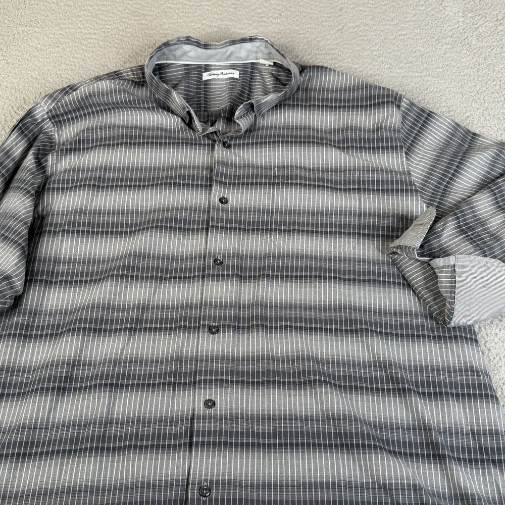 Tommy Bahama Linen Shirt Mens 3XLB Gray Button Stripe Silk Blend Long Sleeve